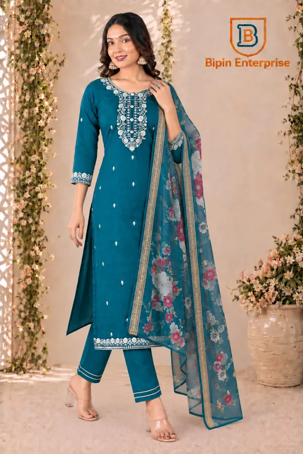 Teal_Embroidered_Straight_Kurta_Set_For_Women