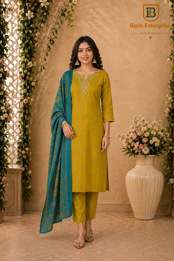 Mustard_Embroidered_Straight_Kurta_Set_For_Women