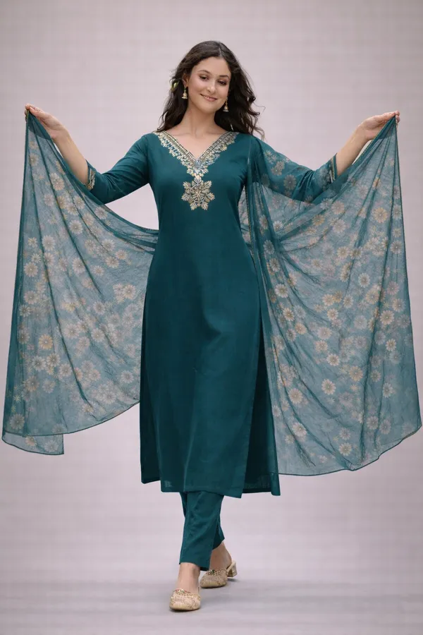 Teal_Embroidered_Straight_Kurta_Set_For_Women