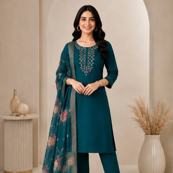 Teal_Embroidered_Straight_Kurta_Set_For_Women