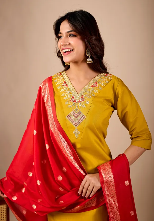 Yellow_Embroidered_Straight_Kurta_Pant_Set_With_Red_Dupatta_For_Women