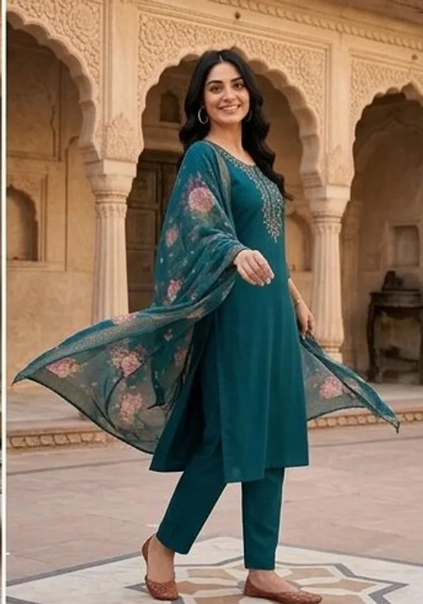 Teal_Embroidered_Straight_Kurta_Set_For_Women