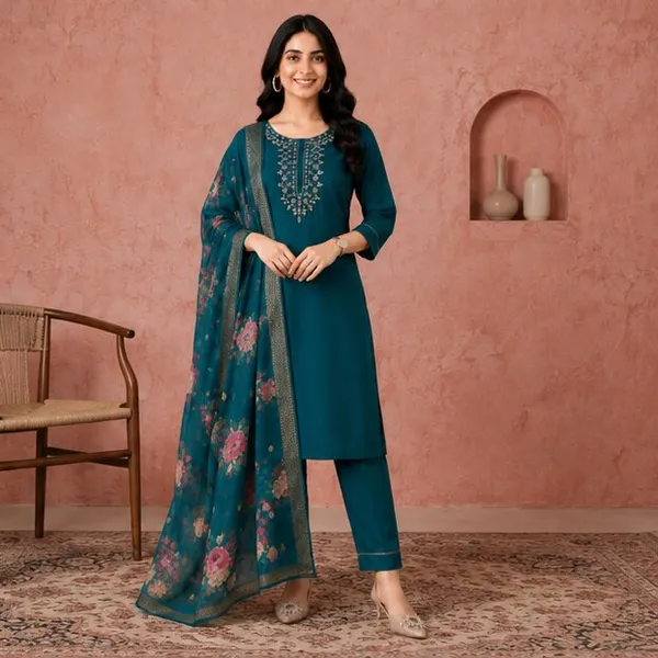 Teal_Embroidered_Straight_Kurta_Set_For_Women