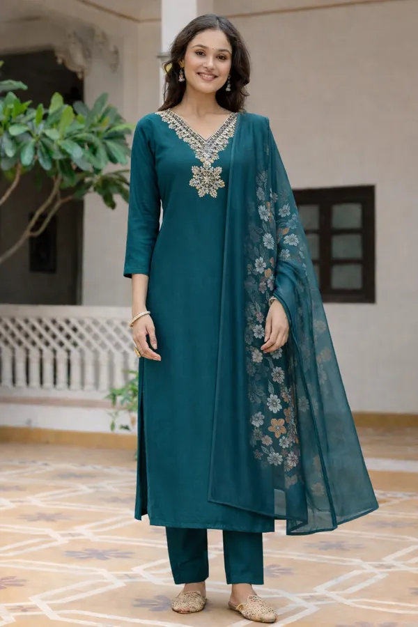 Teal_Embroidered_Straight_Kurta_Set_For_Women