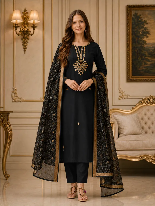 Black_Embroidered_Straight_Kurta_Set_For_Women