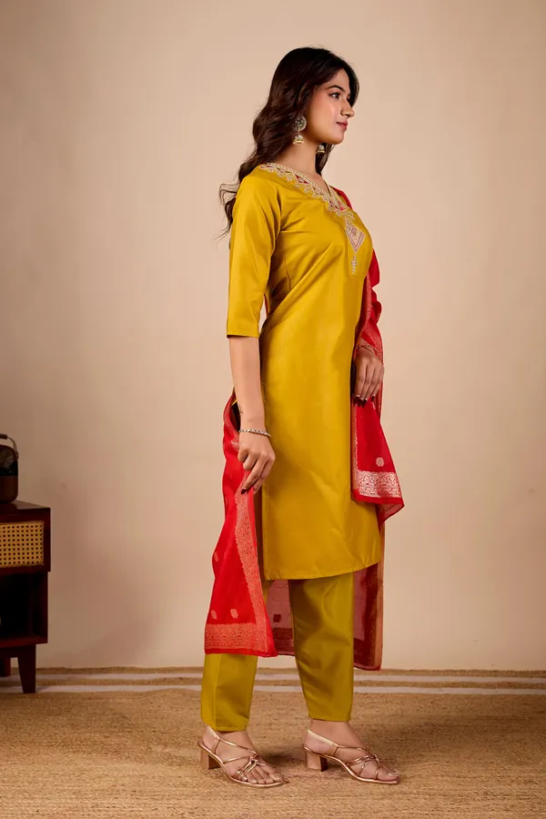 Yellow_Embroidered_Straight_Kurta_Pant_Set_With_Red_Dupatta_For_Women