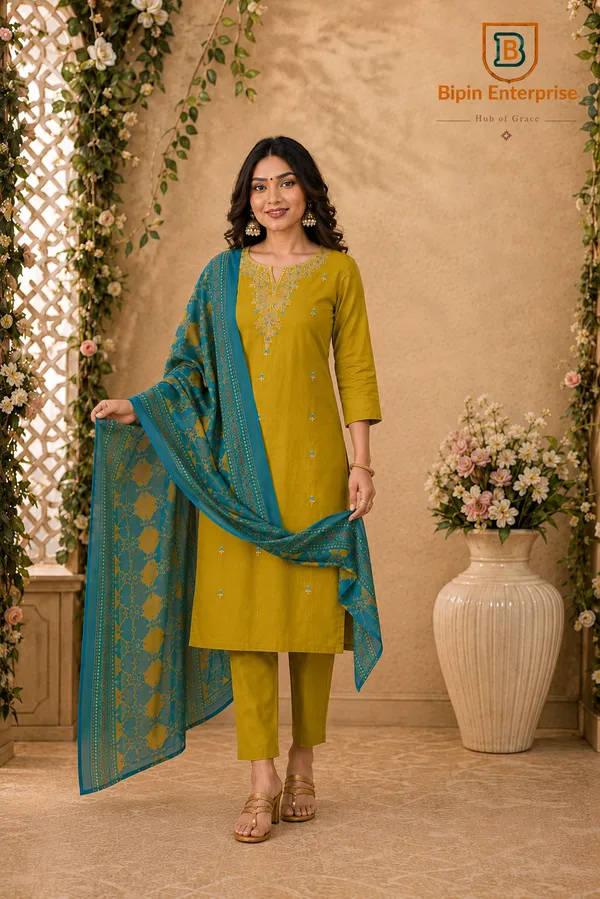 Mustard_Embroidered_Straight_Kurta_Set_For_Women