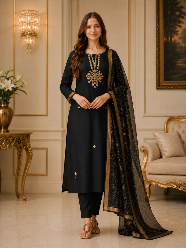 Black_Embroidered_Straight_Kurta_Set_For_Women