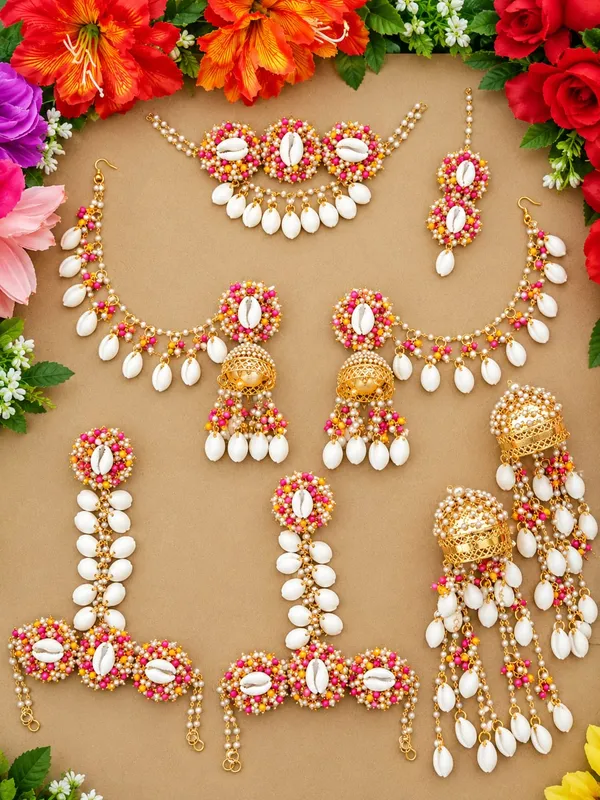 Multicolour_Beaded_Shell_Pearl_Bridal_haldi__Jewellery_Set_for_Women