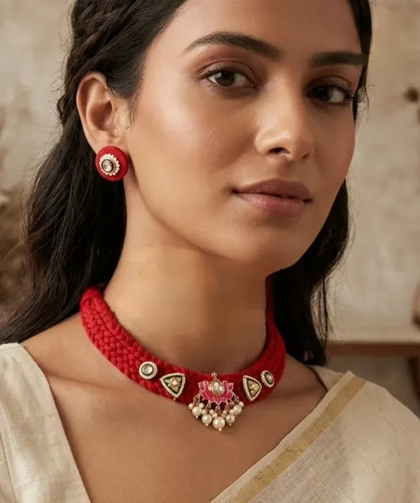 Red_Traditional_Choker_Necklace_And_Earrings_Set_for_Women