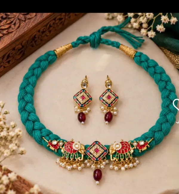 Teal_Braided_Thread_Necklace_Set_For_Women