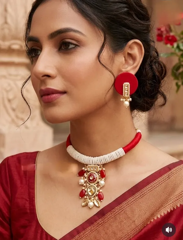 Red_Beaded_Choker_Necklace_And_Earrings_Set_for_Women