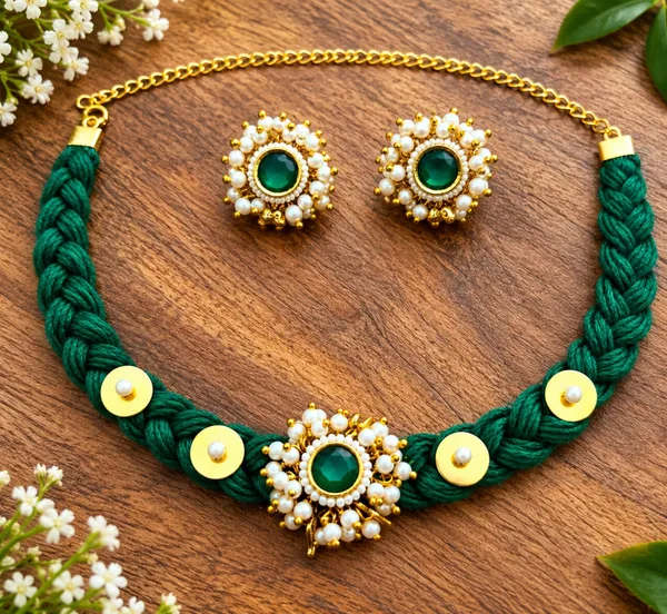 Green_Braided_Necklace_And_Earrings_Jewellery_Set