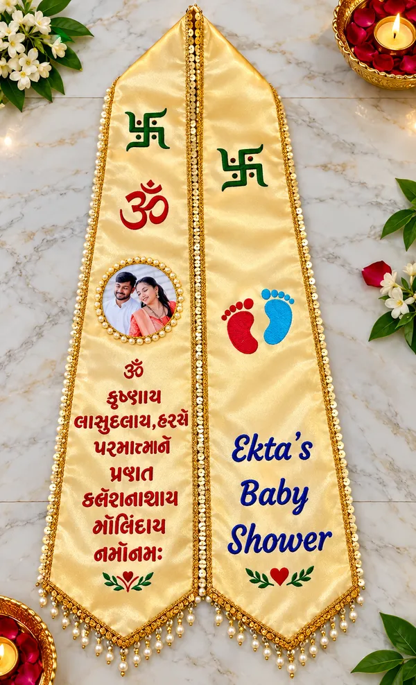 baby_shower_duppata_with_couple_photo_and_hand_paiting
