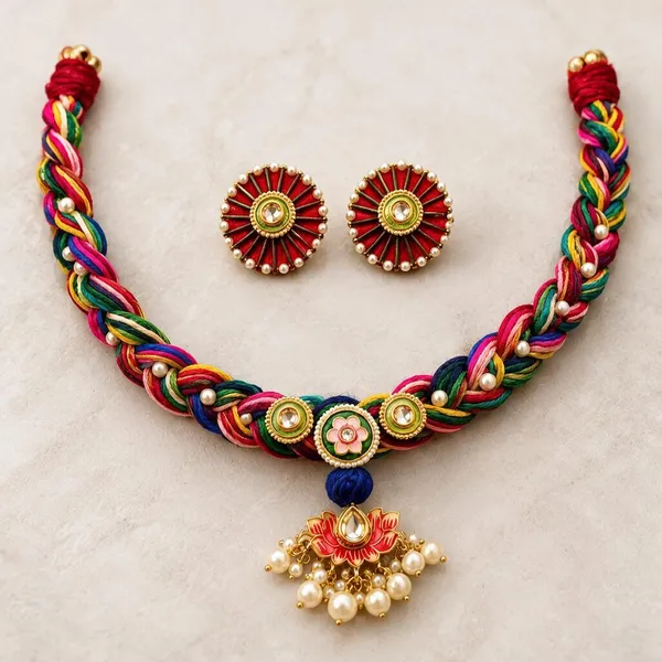 Multicolor_Thread_Necklace_And_Earrings_Set_For_Women