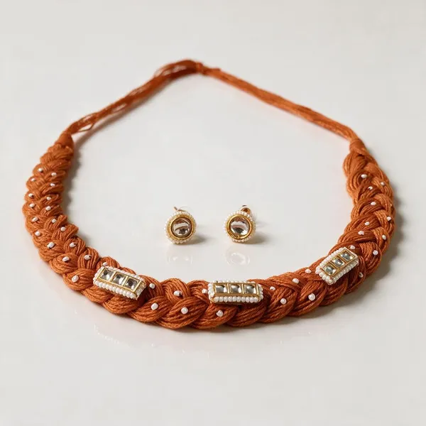 Orange_Thread_Necklace_And_Earring_Set_For_Women