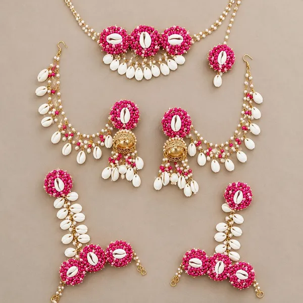 Pink_Beaded_Shell_Bridal_Jewellery_Set_For_Women