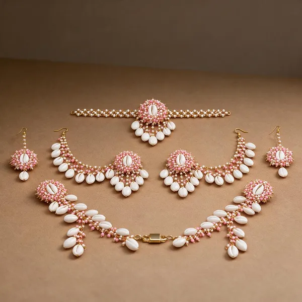 Pink_Beaded_Cowrie_Shell_Bridal_Jewellery_Set_For_Women