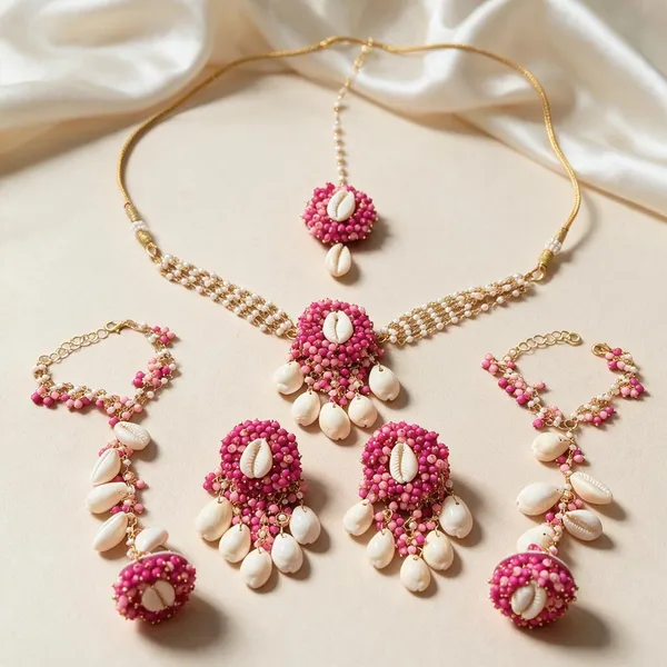 Pink_Beaded_Shell_Bridal__Haldi_Jewellery_Set_For_Women