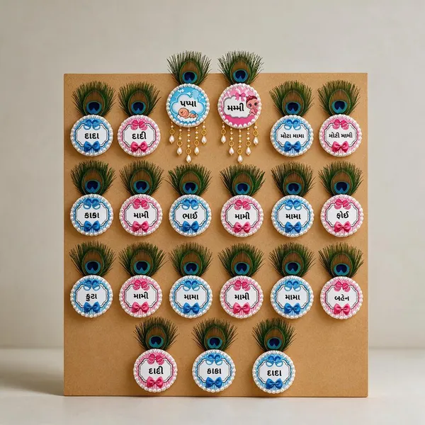 Gujarati_Family_Relation_Peacock_Feather_Family__Badge_And_Mom_Dad_Broches