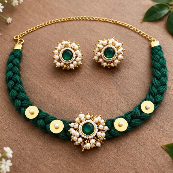 Green_Braided_Necklace_And_Earrings_Jewellery_Set
