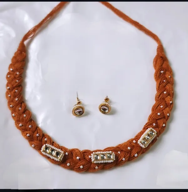 Orange_Thread_Necklace_And_Earring_Set_for_Women