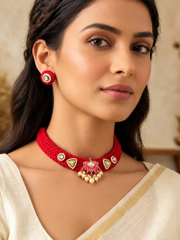 Red_Traditional_Choker_Necklace_And_Earrings_Set_for_Women