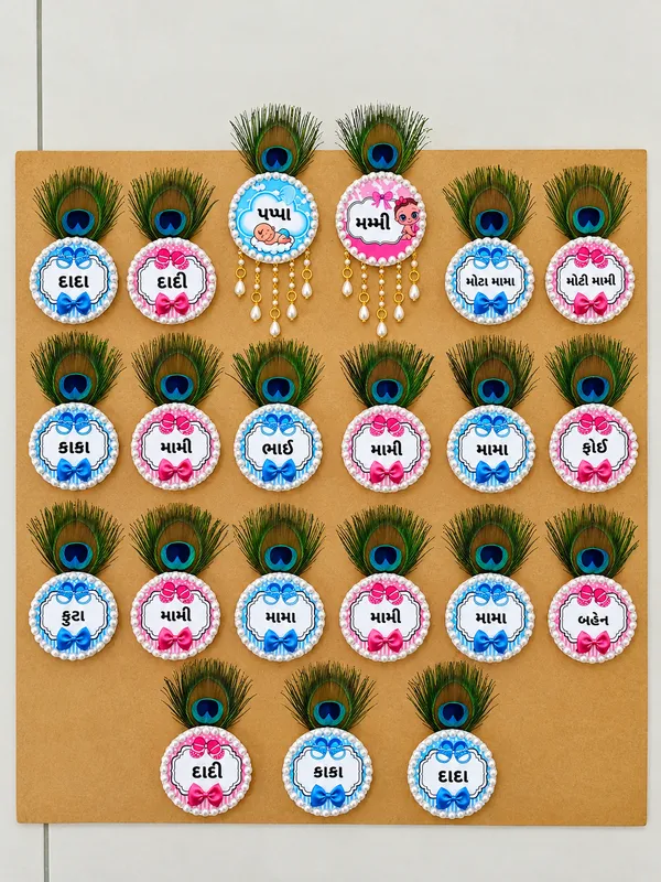 Gujarati_Family_Relation_Peacock_Feather_family__Badge_and_mom_dad_broches