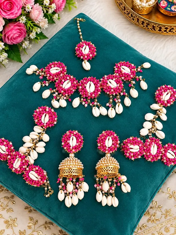 Pink_Beaded_Shell_Necklace_Set_For__Haldi_Jwellery_Women