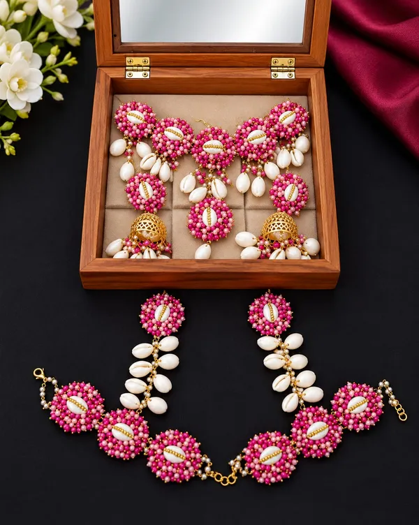 Pink_Beaded_Shell_Necklace_Set_For__Haldi_Jwellery_Women