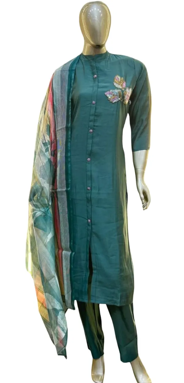 Teal__chanderi_mul,_collar_neck_,_with_side_handwork_pacth_,_3/4__sleeves_,_shaded_dupptta