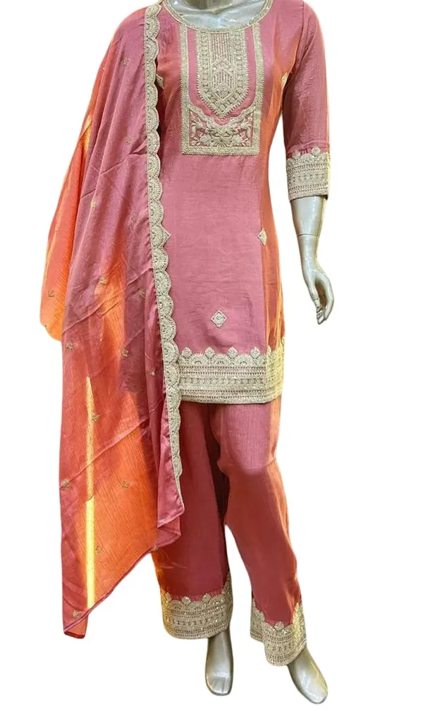 mettalic__viscose_fabric_in_peach_mettalic_color,_top_,_bottom_and_duppta,_top_with_full_zari_emboirdery_,_3/4_sleeves_,pant_with_emboidery