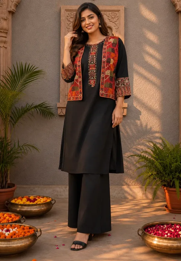 dabbu_cotton_cord_set_with_pant_and_ajraka_print_jacket_3/4_sleeves