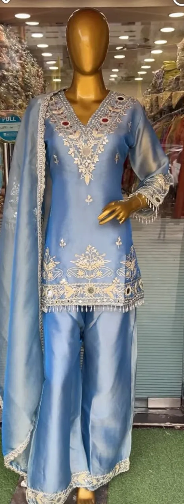 powder_blue_short_top_sharra_pant__glass_shimmer_fabric_with_elegant_front_baman__mirror_work_with_simmer_duppata