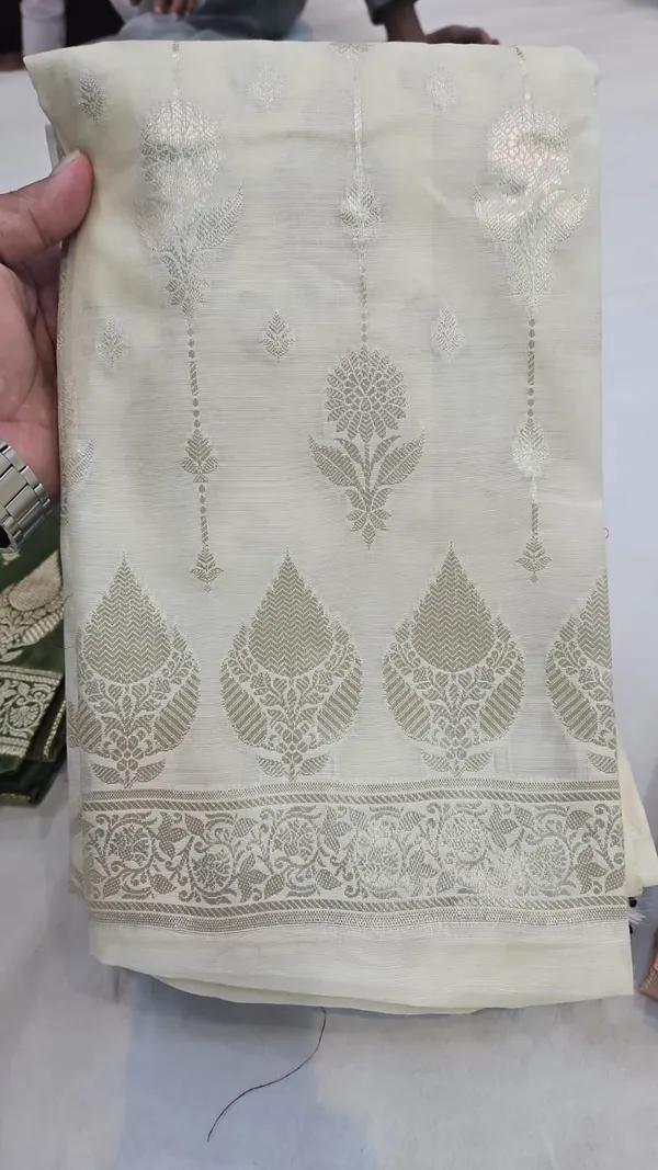 creame__banarasi_chanderi__silk_fabric__elegantly_crafter_zari_butti_leave_design_,_cotton_silk_bottom