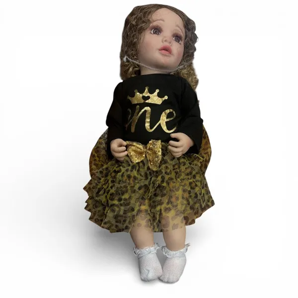 Robo_Doll_for_Toddlers,_22-Inch_Silicone_Lifelike_Talking_and_Singing_Baby_Doll_with_Storytelling,_Poems,_Music,Black_Dress_with_Leopard_Print_Skirt,_Curly_Hair