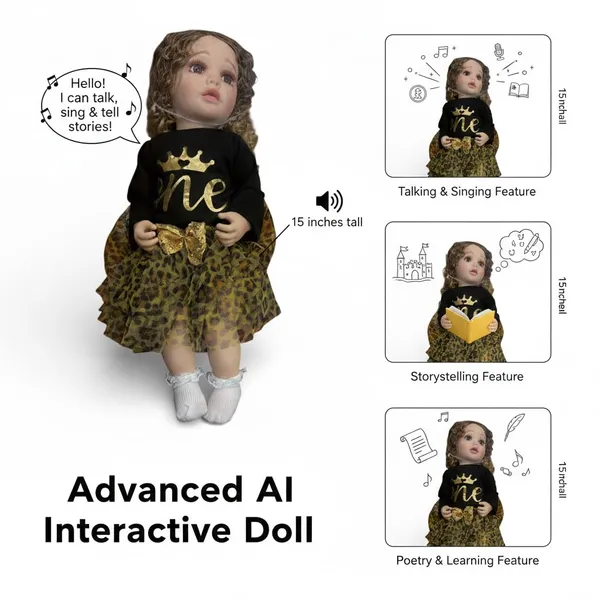 Robo_Doll_for_Toddlers,_22-Inch_Silicone_Lifelike_Talking_and_Singing_Baby_Doll_with_Storytelling,_Poems,_Music,Black_Dress_with_Leopard_Print_Skirt,_Curly_Hair