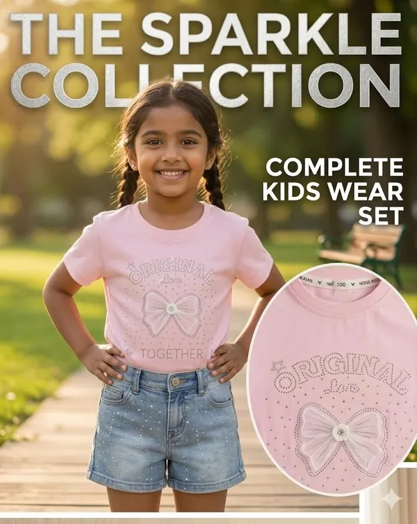 Sparkling_Girls_2-Piece_Outfit_Set,_Pink_T-Shirt_with_Rhinestone_Bow_Design_and_Denim_Shorts,_Cotton,_Toddler_and_Little_Girls_(5-6_Yr)