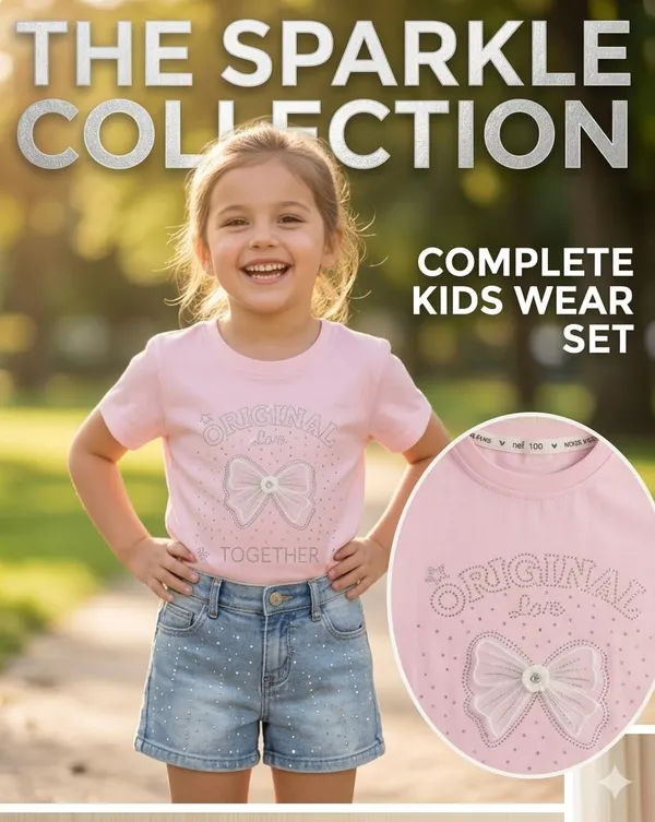 Sparkling_Girls_2-Piece_Outfit_Set,_Pink_T-Shirt_with_Rhinestone_Bow_Design_and_Denim_Shorts,_Cotton,_Toddler_and_Little_Girls_(5-6_Yr)