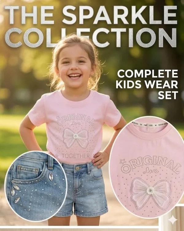 Sparkling_Girls_2-Piece_Outfit_Set,_Pink_T-Shirt_with_Rhinestone_Bow_Design_and_Denim_Shorts,_Cotton,_Toddler_and_Little_Girls_(5-6_Yr)
