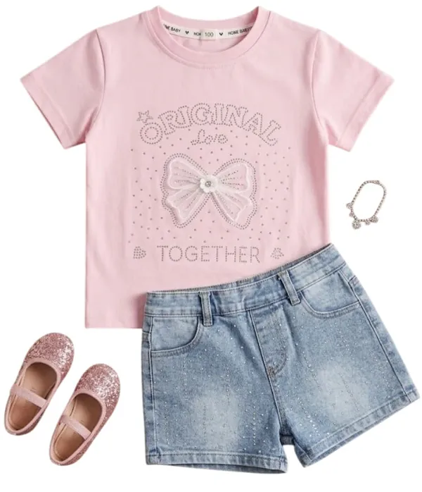 Sparkling_Girls_2-Piece_Outfit_Set,_Pink_T-Shirt_with_Rhinestone_Bow_Design_and_Denim_Shorts,_Cotton,_Toddler_and_Little_Girls_(5-6_Yr)