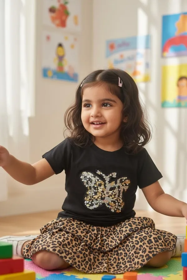Girls_2-Piece_Summer_Outfit_Set_â€“_Black_Cotton_T-Shirt_with_Sequin_Butterfly_Patch_and_Tiered_Leopard_Print_Ruffle_Skirt_â€“_Toddler_&_Little_Girls_Fashion_(5_Yr)