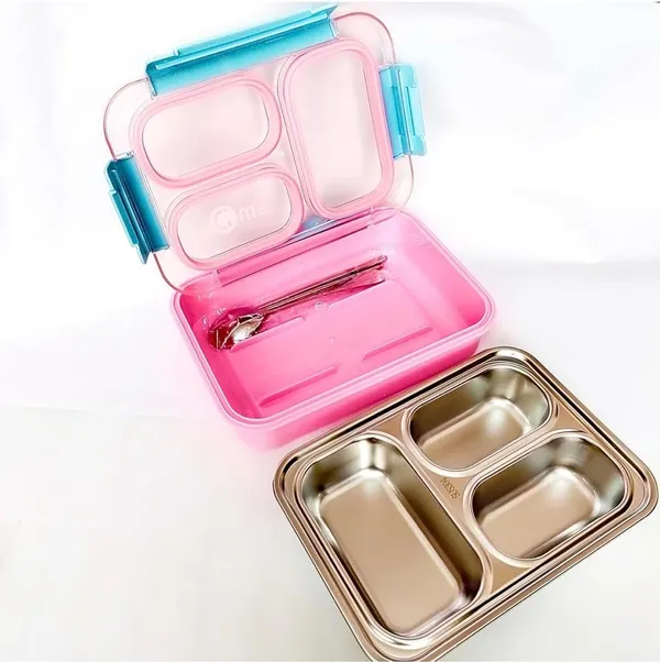 Stainless_Steel_Lunch_Box_with_3_Compartments,_Pink_and_Teal,_Includes_Spoon
