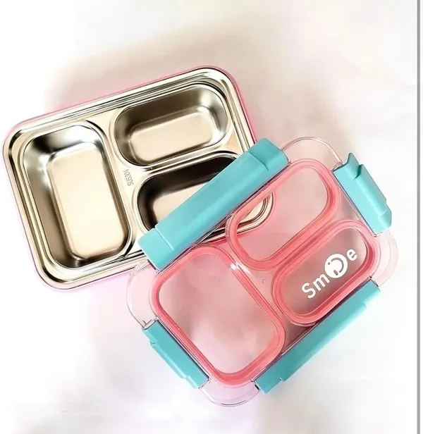 Stainless_Steel_Lunch_Box_with_3_Compartments,_Pink_and_Teal,_Includes_Spoon
