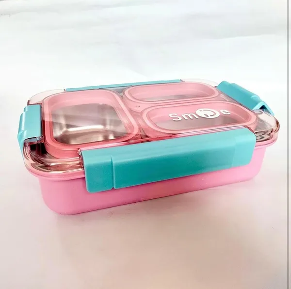 Stainless_Steel_Lunch_Box_with_3_Compartments,_Pink_and_Teal,_Includes_Spoon