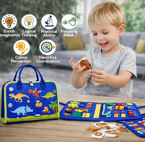 FAMNEST_JOYBOX_Busy_Board_for_Toddlers_1-4_Years_|_19-in-1_Sensory_Activity_Board_|_Felt_Busy_Book_with_Zipper,_Buckles,_Laces_&_Clock_|_Travel_Learning_Toy_for_Fine_Motor_Skills,_Dinosaur_Theme