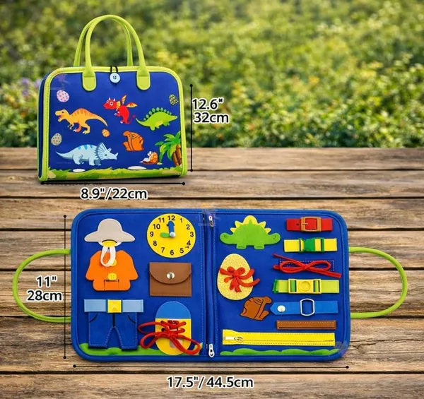 FAMNEST_JOYBOX_Busy_Board_for_Toddlers_1-4_Years_|_19-in-1_Sensory_Activity_Board_|_Felt_Busy_Book_with_Zipper,_Buckles,_Laces_&_Clock_|_Travel_Learning_Toy_for_Fine_Motor_Skills,_Dinosaur_Theme