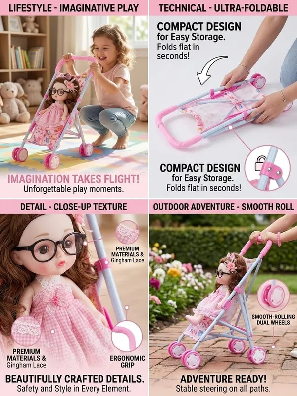 FAMNEST_JOYBOX_Doll_Stroller_for_Girls_3+_Years,_Singing_Baby_Doll_Pram_Push_Toy_with_4_Wheels,_Foldable_Toy_Stroller,_Musical_Doll_with_Singing_Function,_Pretend_Play_&_Role_Play_Toy