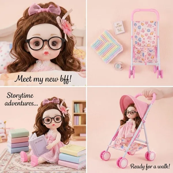FAMNEST_JOYBOX_Doll_Stroller_for_Girls_3+_Years,_Singing_Baby_Doll_Pram_Push_Toy_with_4_Wheels,_Foldable_Toy_Stroller,_Musical_Doll_with_Singing_Function,_Pretend_Play_&_Role_Play_Toy