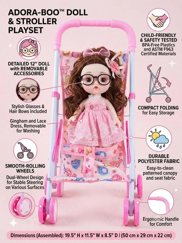 FAMNEST_JOYBOX_Doll_Stroller_for_Girls_3+_Years,_Singing_Baby_Doll_Pram_Push_Toy_with_4_Wheels,_Foldable_Toy_Stroller,_Musical_Doll_with_Singing_Function,_Pretend_Play_&_Role_Play_Toy